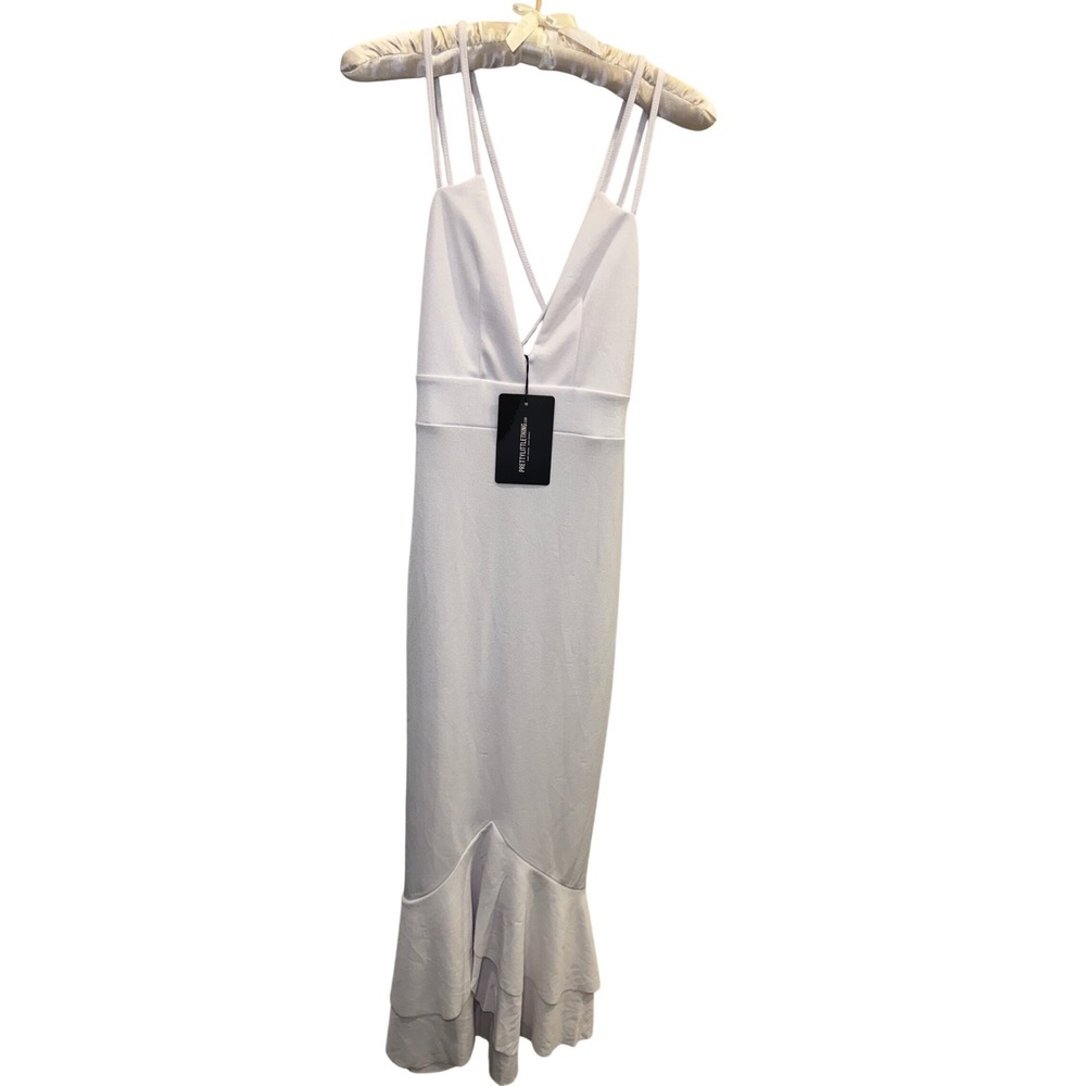 PrettyLittleThing White Fishtail Midi Dress V-Neck Double Strap Bodycon NEW - Picture 2 of 9